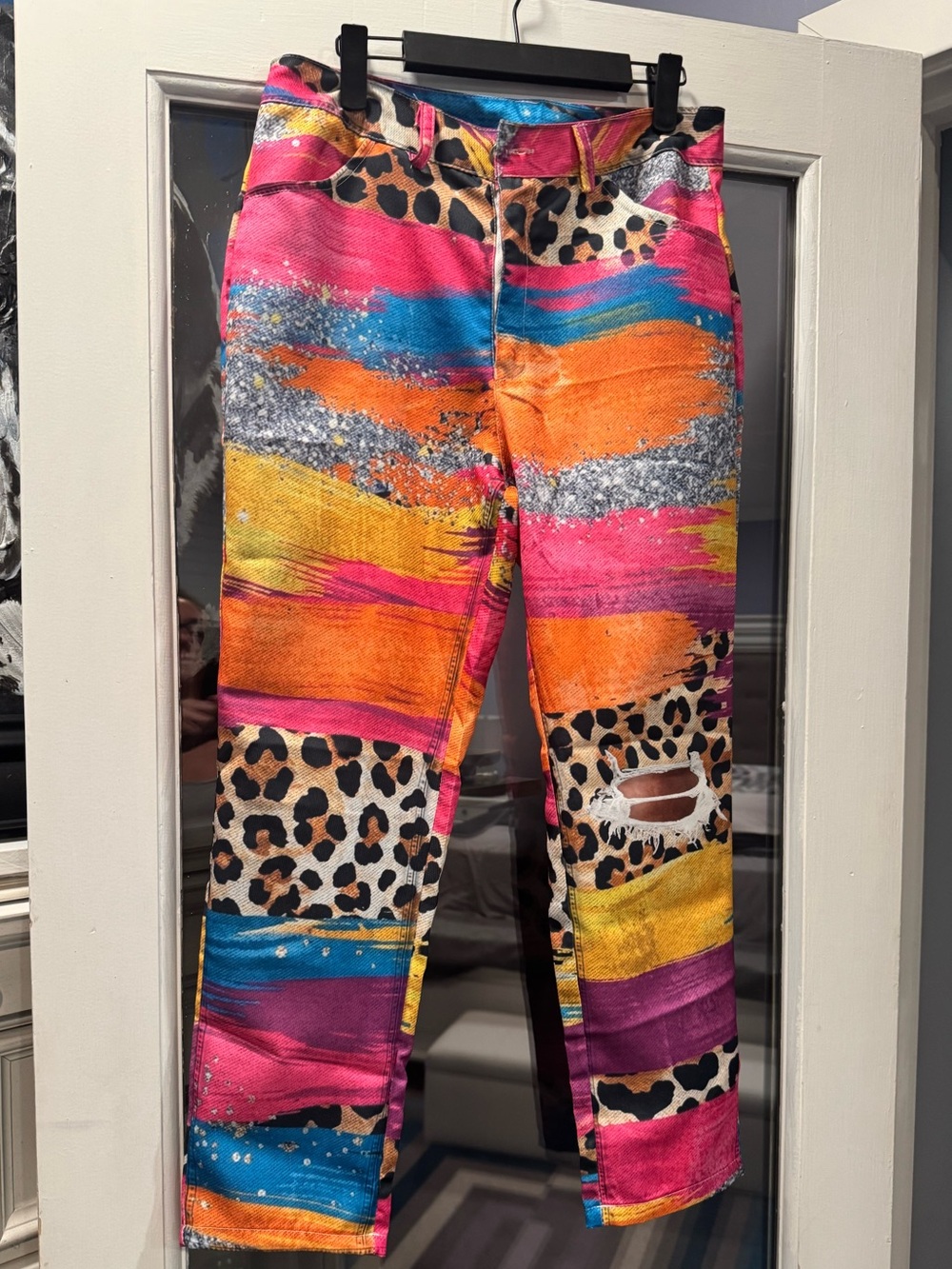 Source Unknown Multicolor Striped & Leopard Print Straight Leg Pants